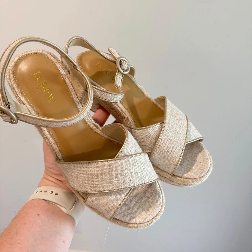 J.Crew Espadrille Block Heel Sandals Beige Gold Linen BW888 Womens 6